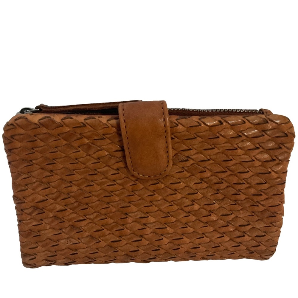 Vilenca Holland Brown Leather Intricate Basketweave Snap-Tab & Zip Top Wallet